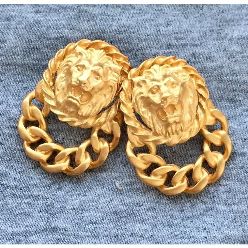 Vtg Anne Klein LION Earrings door knocker hoop